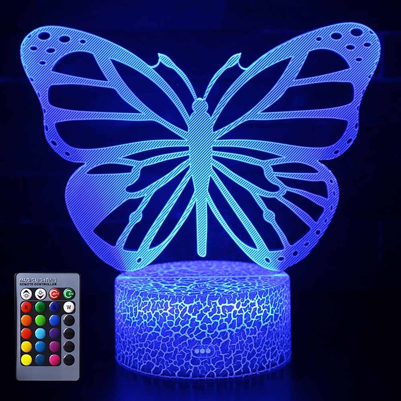 Butterfly 3D LED Night Light Lamps Optical Illusion Lamp 16 Colors Touch Xmas Decoration Lighting Table Desk Visual Lamp for Home Decoration and Kiddie Kids Children Family Holiday GIFS (Butterfly) - Main Image