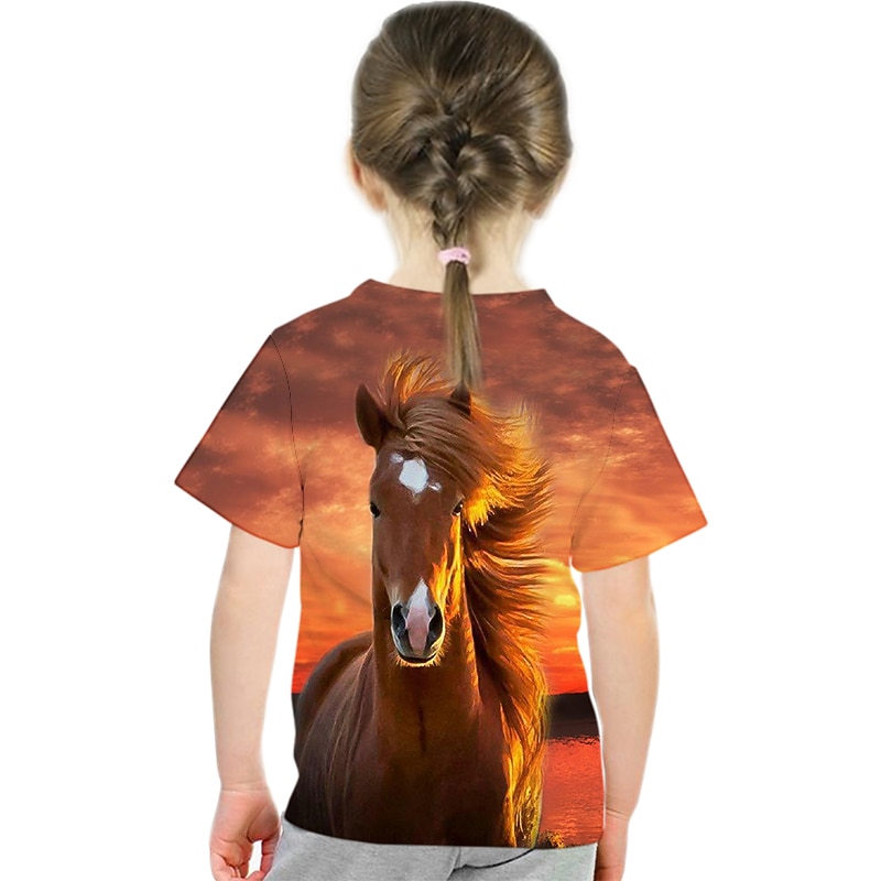 Kids Girls' T shirt Tee Short Sleeve Butterfly Cat Horse Color Block 3D Animal Print Lake blue Navy White Children Tops Basic Streetwear Cute4