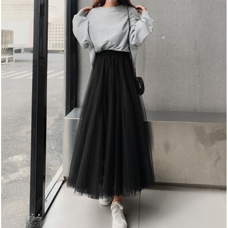 Women's Skirt & Dress Swing Tutu Long Skirt Maxi Skirts Pleated Layered Tulle Solid Colored Street Prom Summer Elegant Vintage Black Pink Khaki Beige2