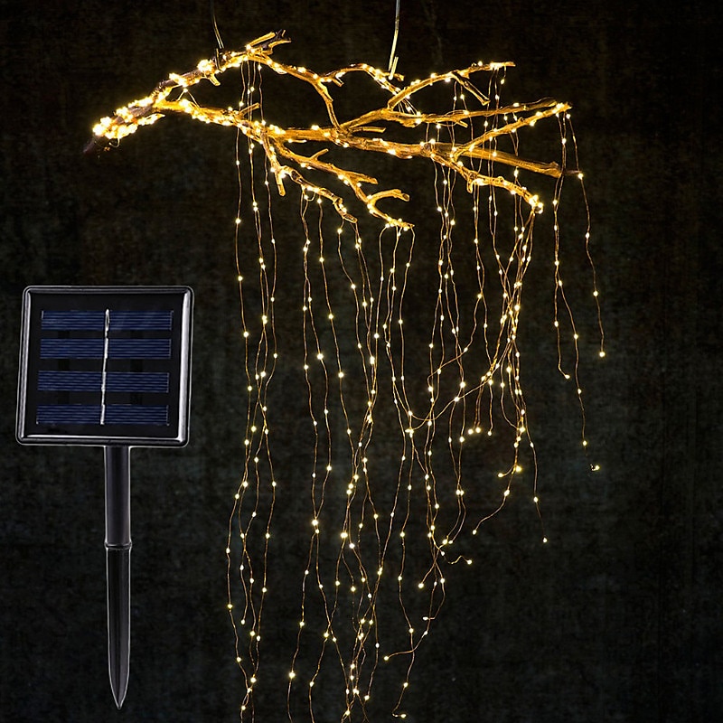 Solar String Lights Outdoor 10 Strands 2M 200LEDs Waterproof Twinkle Starry Fairy Branch Copper Waterfall Light for Garden Fence Tree Flexible Yard Garland Patio Decor Lighting
