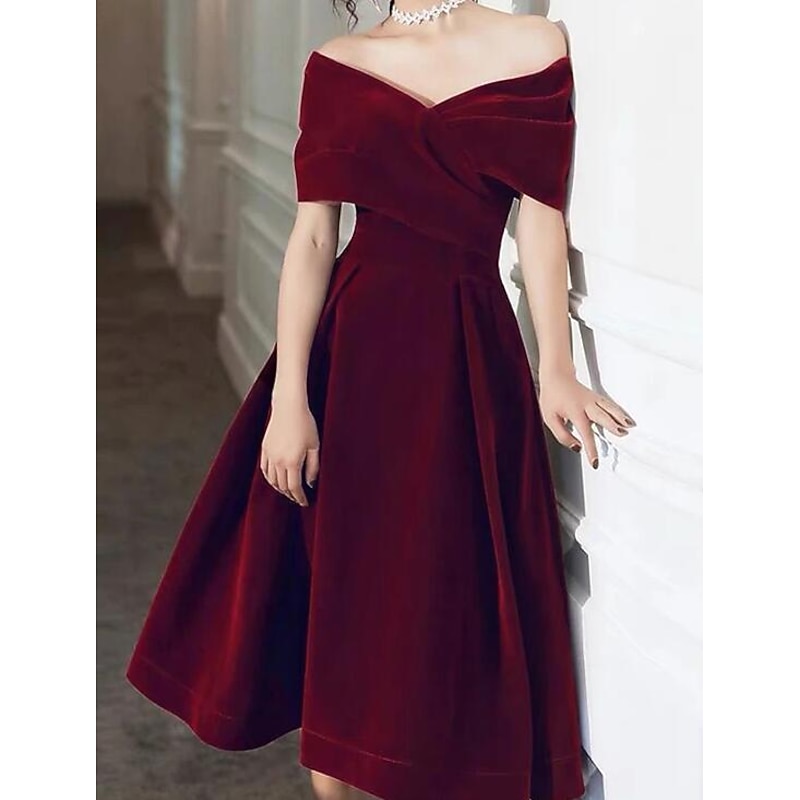 A-Line Cocktail Dresses Elegant Dress Wedding Guest Knee Length Short Sleeve Off Shoulder Velvet with Pleats Pure Color Dresses2