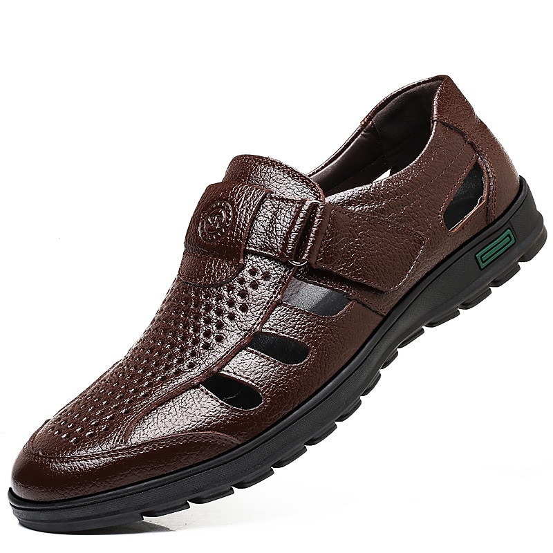 Men's Brown Faux Leather Breathable Closed-Toe Sandals – Casual Slip-On Cutout Design Shoes for Summer Walking, Daily Wear, and Outdoor Activities