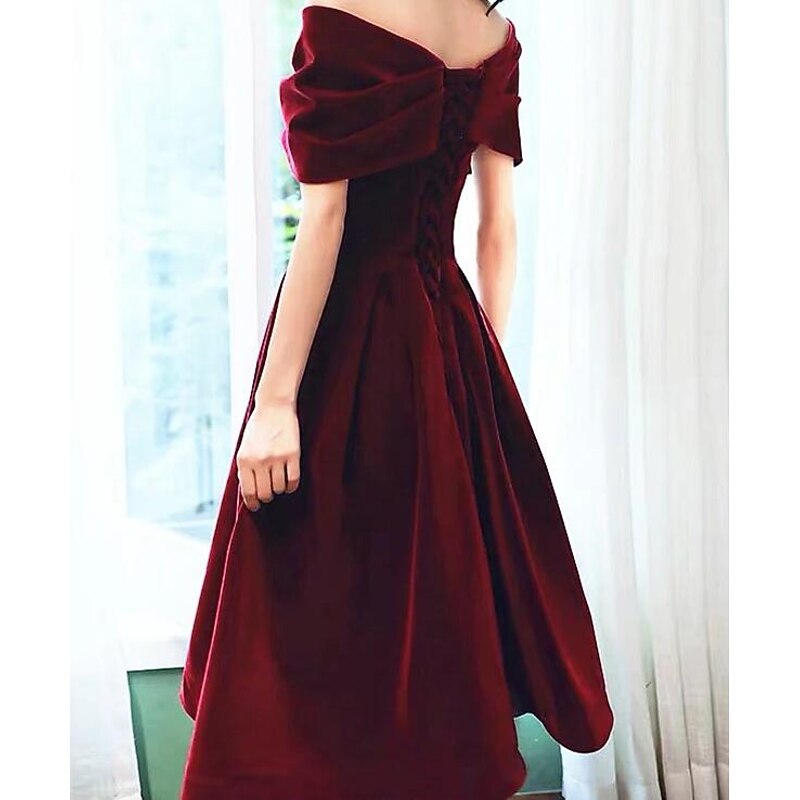 A-Line Cocktail Dresses Elegant Dress Wedding Guest Knee Length Short Sleeve Off Shoulder Velvet with Pleats Pure Color Dresses3