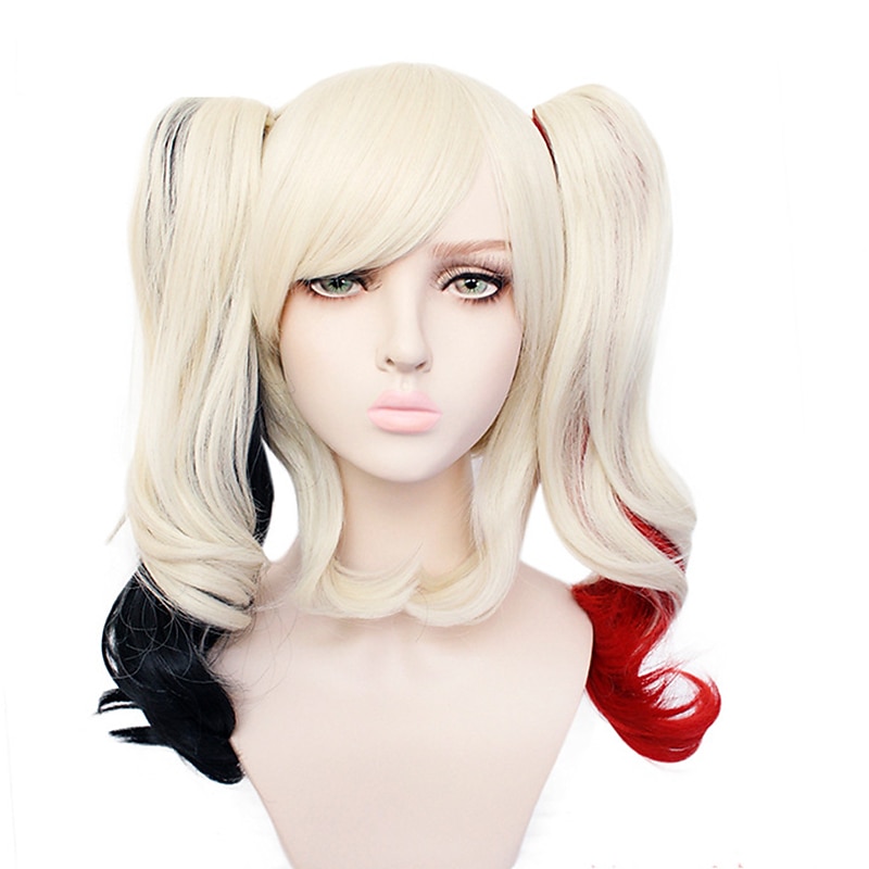 Ponytail Wig Harley Quinn Cosplay Wigs Women's With 2 Ponytails 12 inch Heat Resistant Fiber Curly Multi-color Adults' Anime Wig Halloween Wigs