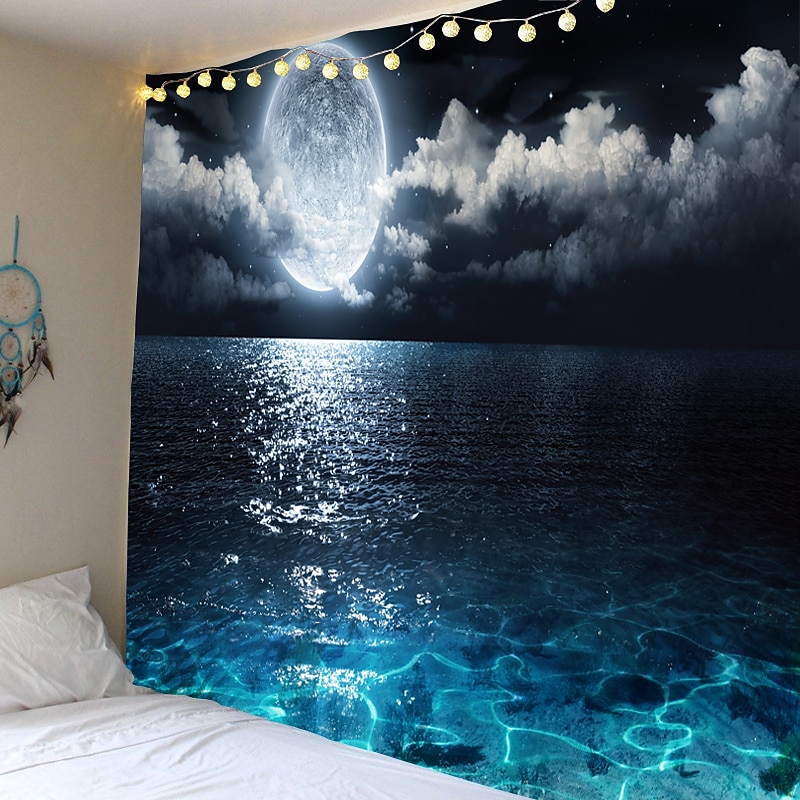 Moon Sea Sky Wall Tapestry Art Decor Blanket Curtain Picnic Tablecloth Hanging Home Bedroom Living Room Dorm Decoration Landscape Full Night Ocean Cloud Star