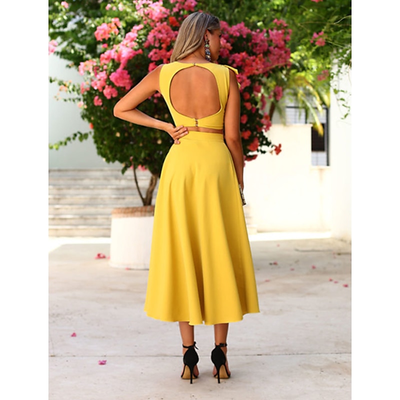 Beach Wedding Two Piece Cocktail Dresses Elegant Dress Graduation Engagement Ankle Length Sleeveless Jewel Neck Fall Wedding Guest Satin with Ruffles Pure Color Dresses2