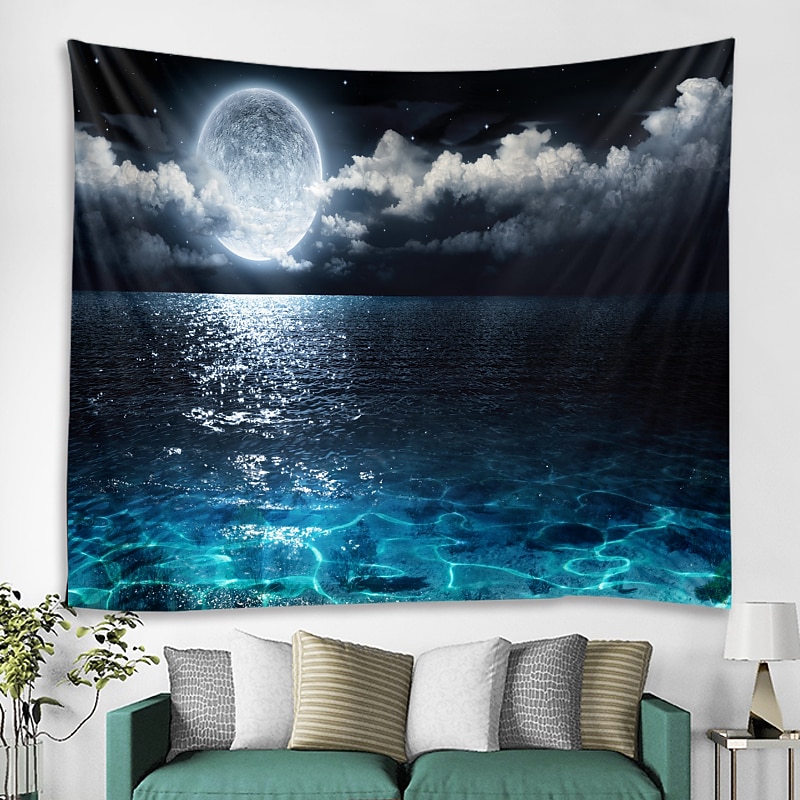 Moon Sea Sky Wall Tapestry Art Decor Blanket Curtain Picnic Tablecloth Hanging Home Bedroom Living Room Dorm Decoration Landscape Full Night Ocean Cloud Star4