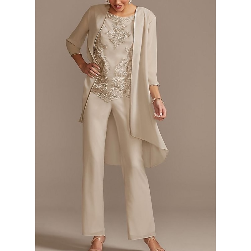 Pantsuit Mother of the Bride  Formal Wedding Guest Elegant Jewel Neck Floor Length Chiffon Lace 3/4 Length Sleeve with Beading Appliques