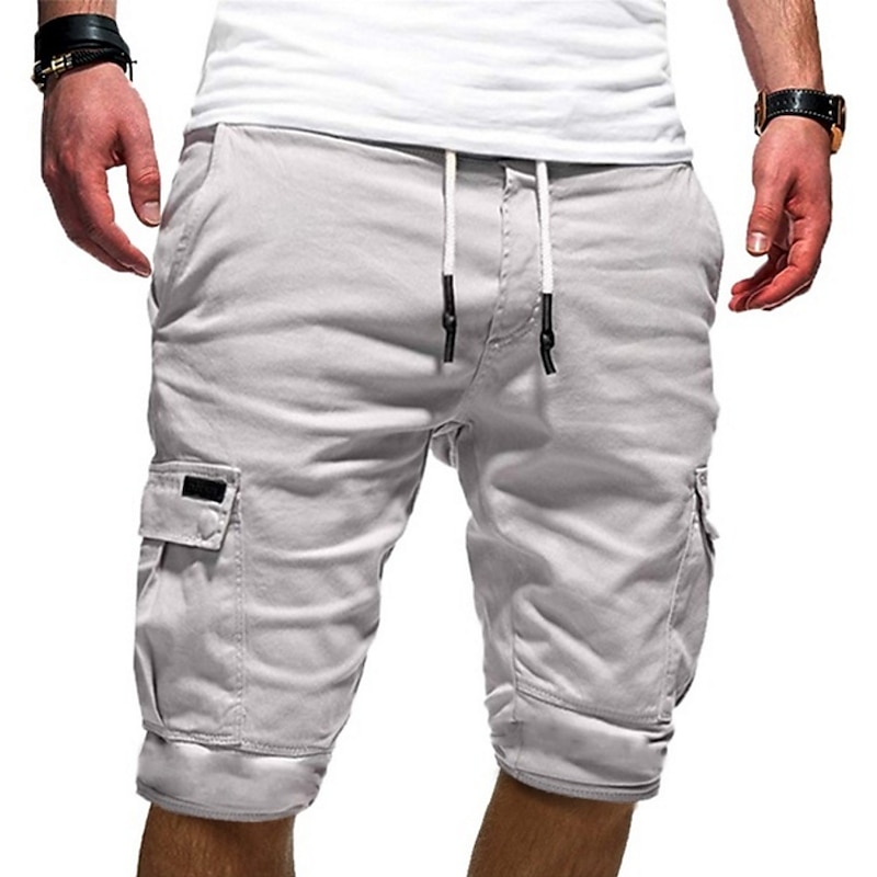 Men's Cargo Shorts Drawstring Sporty Multi Pocket Plain Knee Length Streetwear Punk & Gothic Black White Micro-elastic