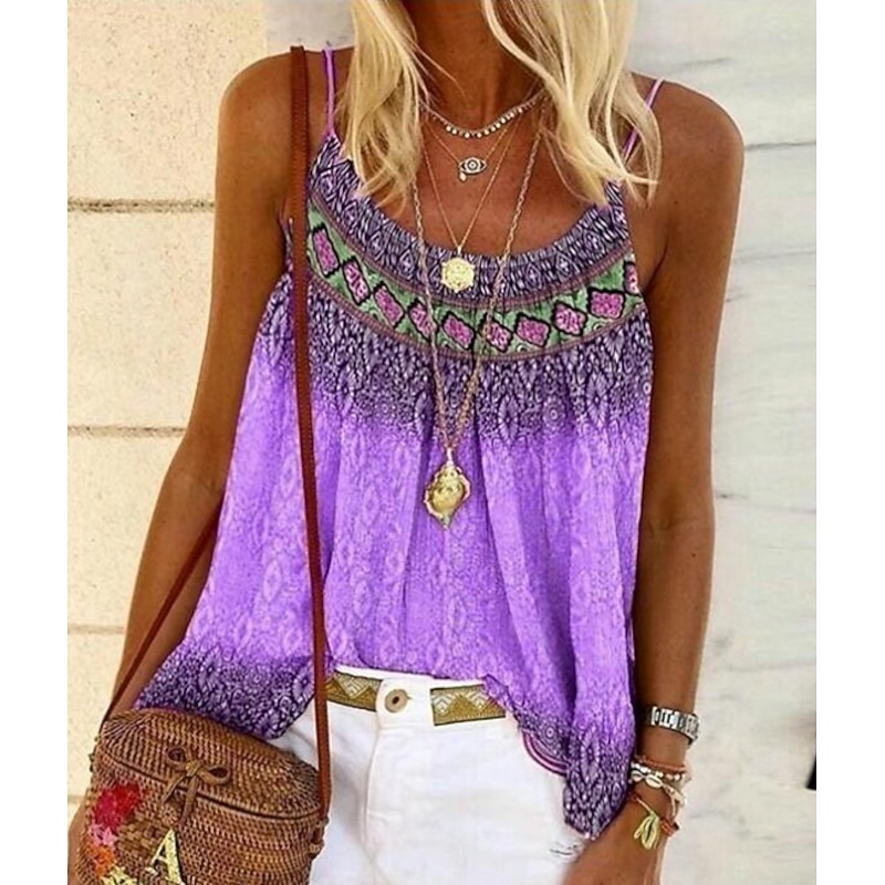 Women's Plus Size Camisole Tank Top Camisole Summer Tops Boho Geometric Sleeveless Strap Holiday Beach Yellow Pink Blue Purple2