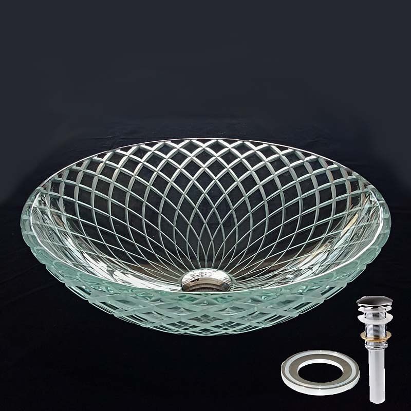 Round Basin Sink 16.5 inches, Tempered Glass Crystal Vessel Sink with Pop Up Drain and Mounting Ring, Washroom Art Basin Countertop Artistic Above Counter Vanity Bowl