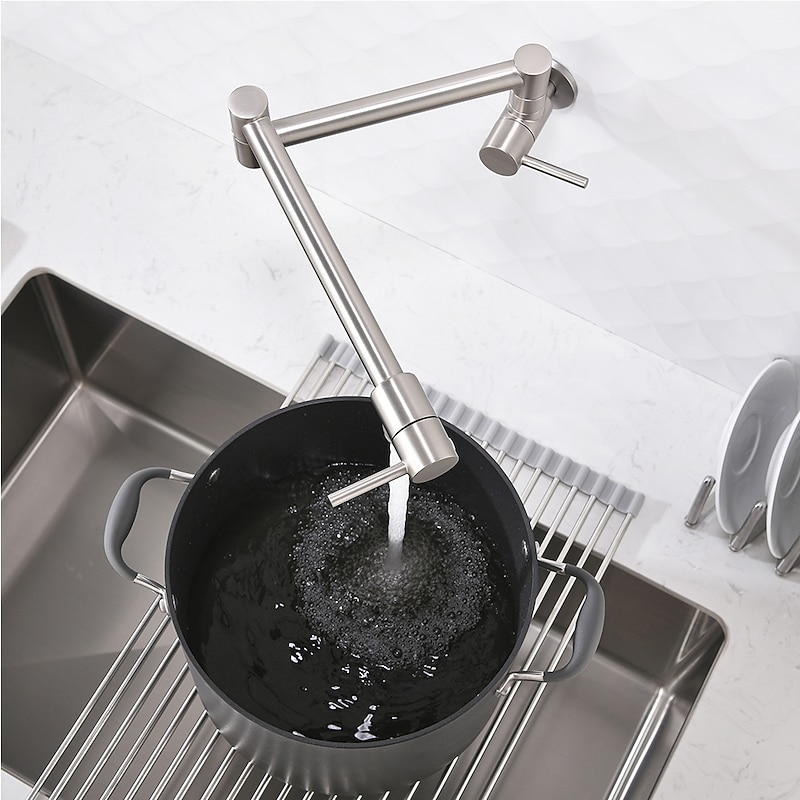 Pot Filler Kitchen Faucet Brushed Nickel, Foldable Sink Only Cold Water Taps, Wall Mount Brass Folding Fill Pot Kitchen Tap Double Joint Swing Arm Single Hole 2 Handle4