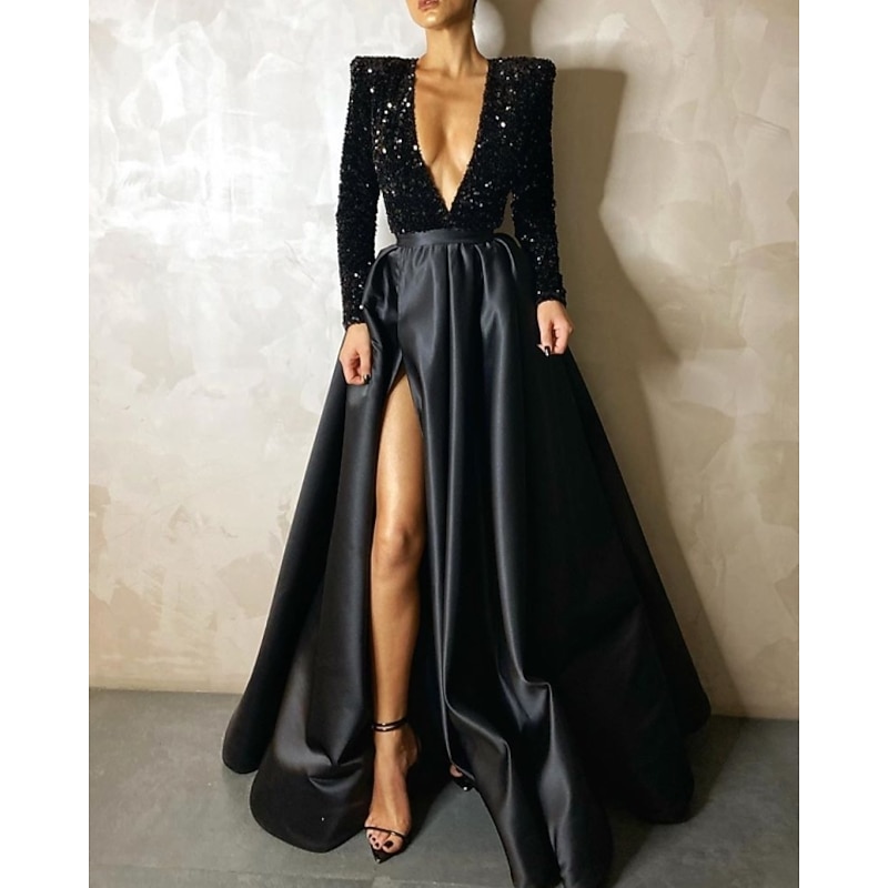 Ball Gown Evening Gown Sparkle & Shine Dress Wedding Guest Wedding Party Floor Length Long Sleeve V Neck Pocket Satin with Sequin Pocket Masquerade Dress2