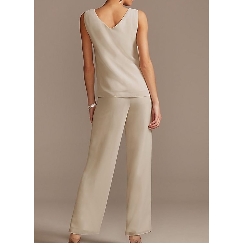 Pantsuit Mother of the Bride  Formal Wedding Guest Elegant Jewel Neck Floor Length Chiffon Lace 3/4 Length Sleeve with Beading Appliques4