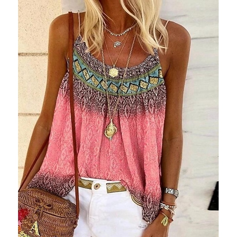 Women's Plus Size Camisole Tank Top Camisole Summer Tops Boho Geometric Sleeveless Strap Holiday Beach Yellow Pink Blue Purple4