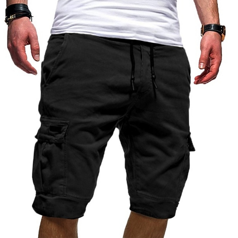 Men's Cargo Shorts Drawstring Sporty Multi Pocket Plain Knee Length Streetwear Punk & Gothic Black White Micro-elastic3