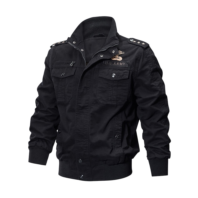 Men's Bomber Jacket Utility Jacket Transition Jacket Varsity Jacket Outdoor Sports Windproof Warm Embroidered Zipper Winter Solid Colored Military Stand Collar Short Cotton Black Army Green Khaki
