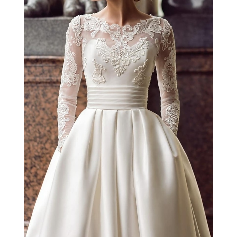 Engagement Vintage Formal Wedding Dresses Ball Gown Illusion Neck Long Sleeve Court Train Satin Bridal Gowns With Appliques Pocket