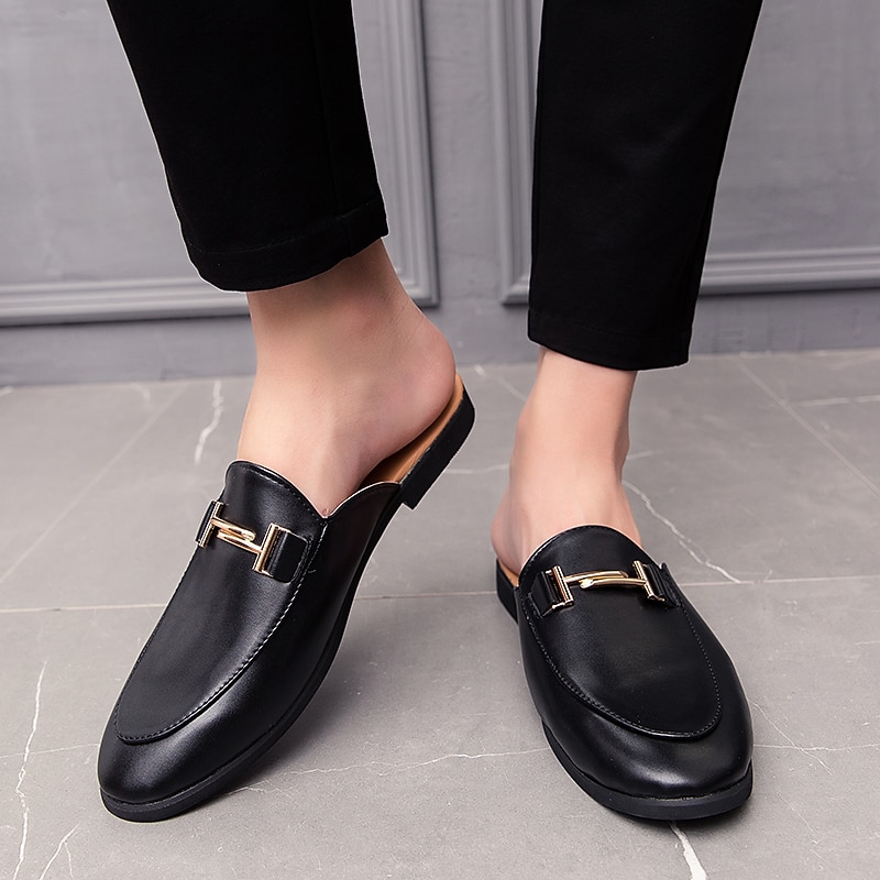 Men's Black Faux Leather Slip-On Mules with Metal Buckle, Minimalist Backless Loafers for Office, Casual Outfits, and Daily Wear4