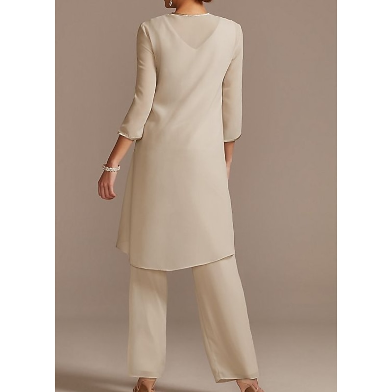 Pantsuit Mother of the Bride  Formal Wedding Guest Elegant Jewel Neck Floor Length Chiffon Lace 3/4 Length Sleeve with Beading Appliques2