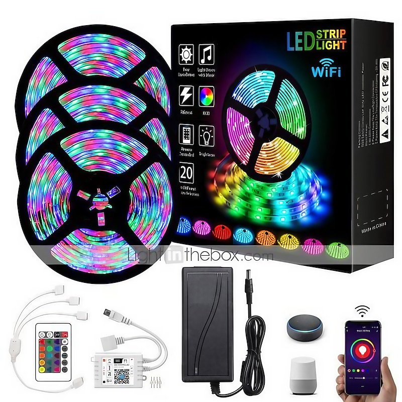 15m 49ft Smart WiFi Led Strip Light Work with Alexa Google Music Sync TV Backlight 2835 RGB SMD IR 24 Key Controller with 12V 3A Adapter Kit
