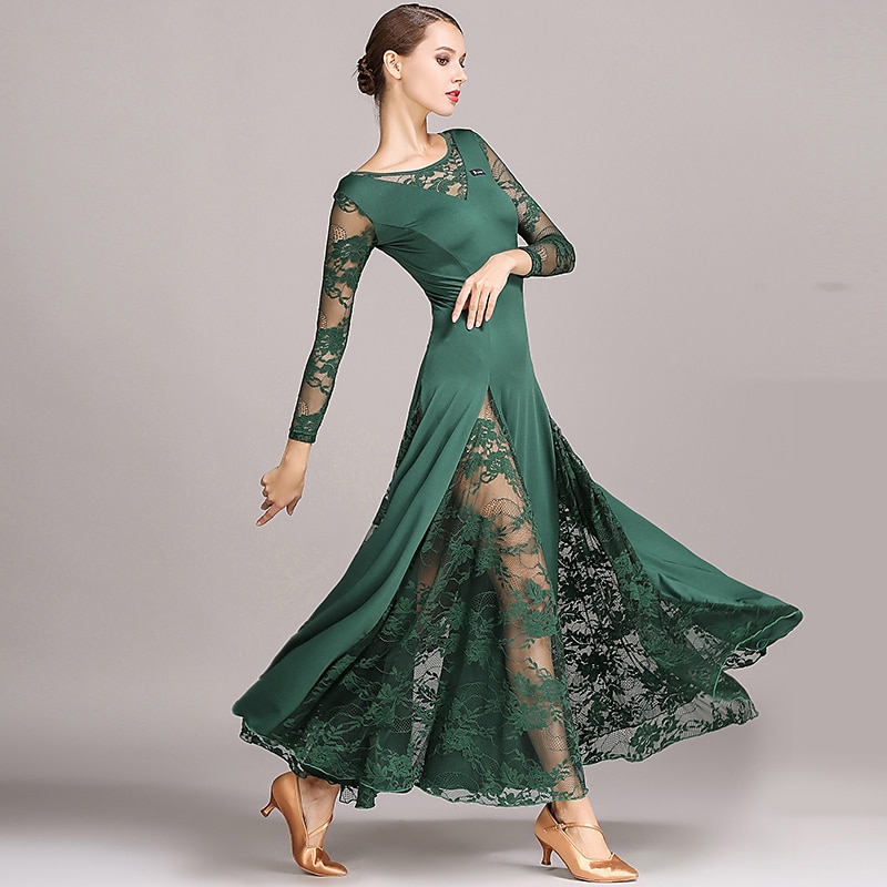 Ballroom Dance Dress Lace Women's Performance Long Sleeve Natural Lace Milk Fiber