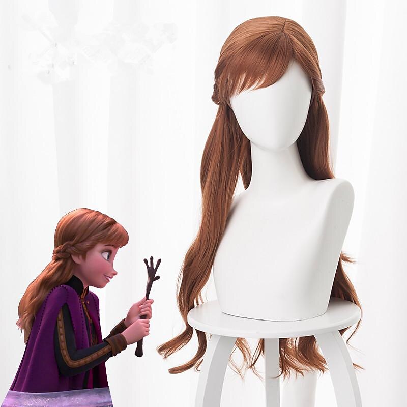 Cosplay Wig Cosplay Wig Anna Frozen II Curly Asymmetrical With Bangs Wig Very Long Brown Synthetic Hair 28 inch Women's Anime Cosplay Brown Halloween Wigs