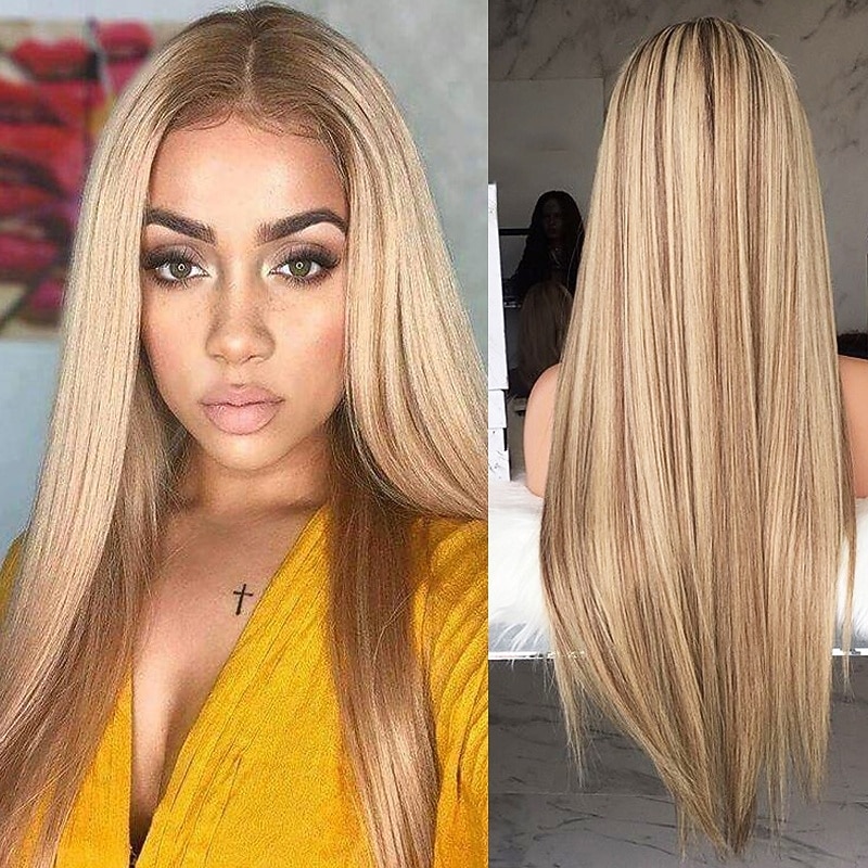 Brown Wigs for Women Blonde Long Light Golden Wigs Ombre Pink Wigs Synthetic Hair Highlighted Hair Dark Roots Wigs 26 Inch4