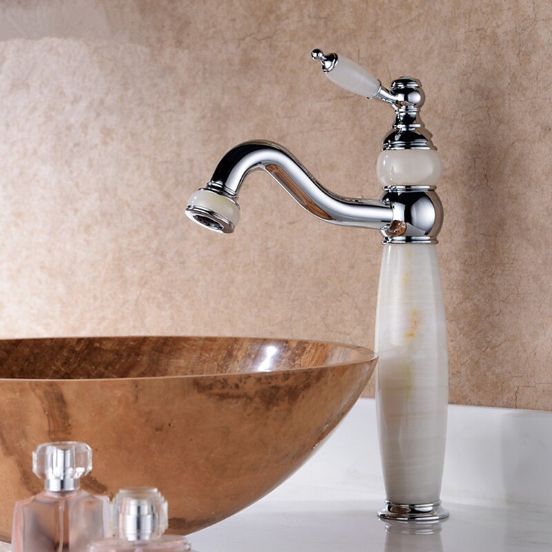 Bathroom Sink Faucet Ultra Faucets Euro Collection Gold with Stone Single Handle - One Hole Tall Body Deck Mount Lavatory Vessel Sink Faucet With Curved Spout4
