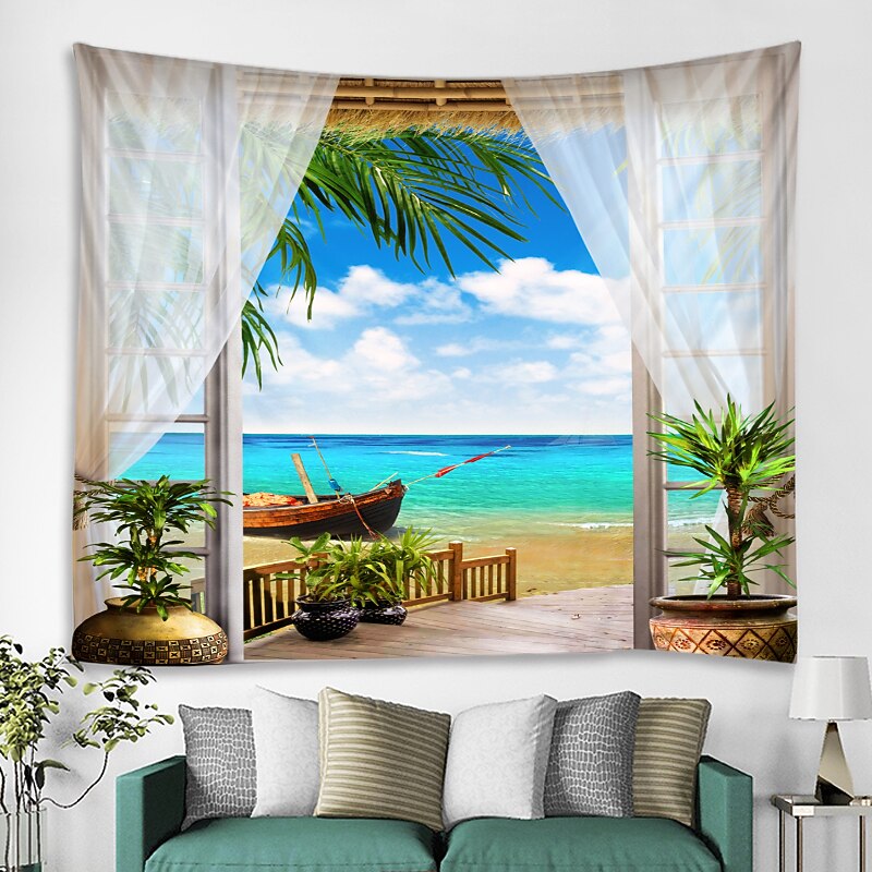 Window Landscape Large Wall Tapestry Art Decor Blanket Curtain Picnic Tablecloth Hanging Home Bedroom Living Room Dorm Decoration Polyester Sea Ocean Beach Palm4