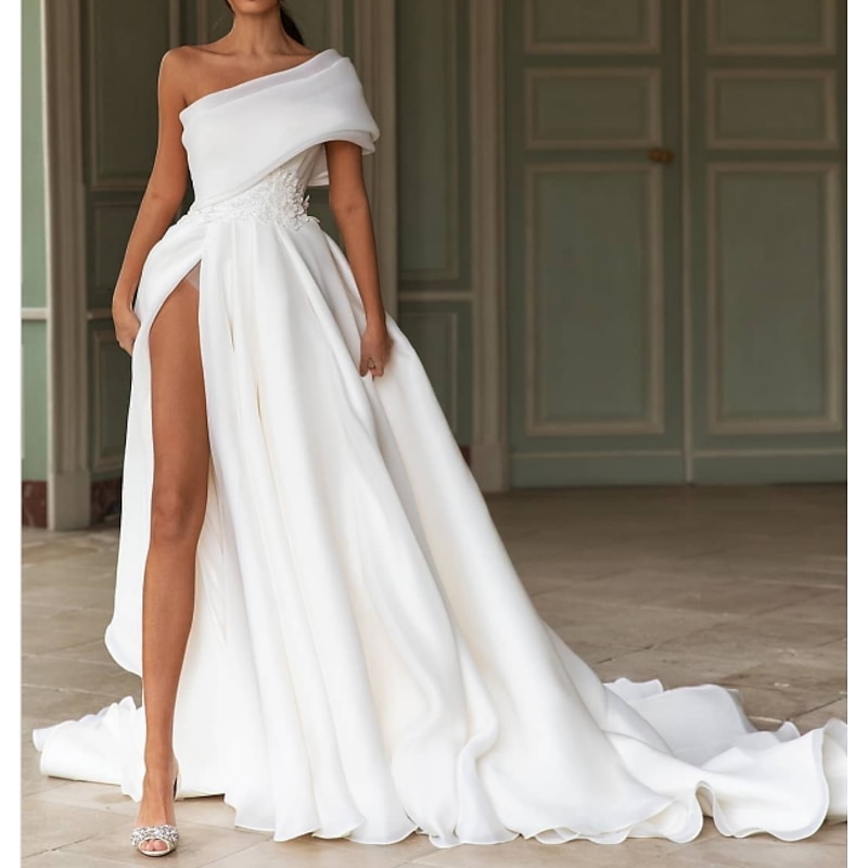 Hall Sexy Wedding Dresses A-Line One Shoulder Cap Sleeve Court Train Organza Bridal Gowns With Appliques Split Front 2025 2025 - $235.79