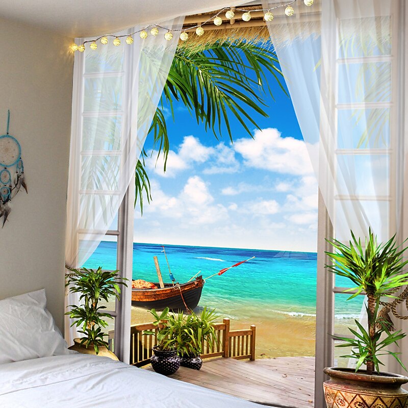 Window Landscape Large Wall Tapestry Art Decor Blanket Curtain Picnic Tablecloth Hanging Home Bedroom Living Room Dorm Decoration Polyester Sea Ocean Beach Palm