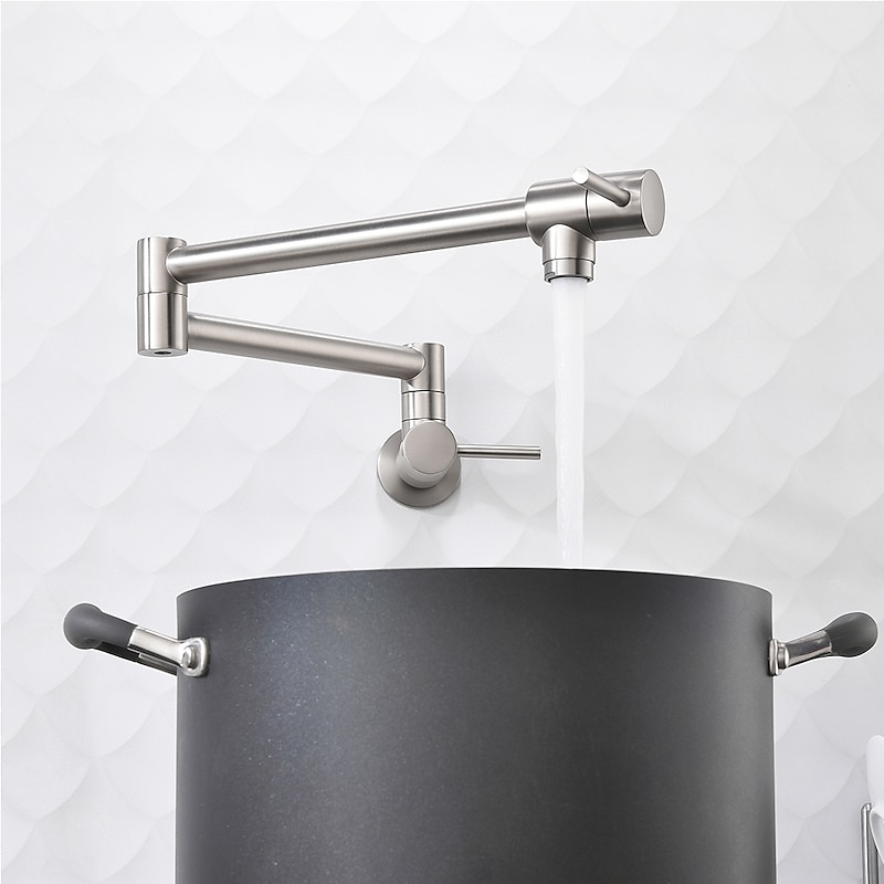 Pot Filler Kitchen Faucet Brushed Nickel, Foldable Sink Only Cold Water Taps, Wall Mount Brass Folding Fill Pot Kitchen Tap Double Joint Swing Arm Single Hole 2 Handle3