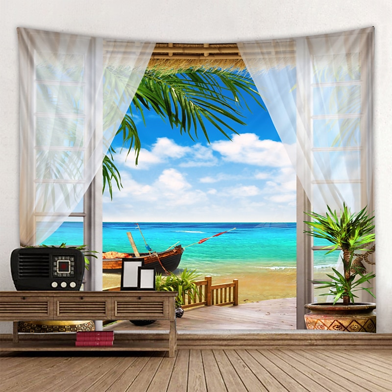 Window Landscape Large Wall Tapestry Art Decor Blanket Curtain Picnic Tablecloth Hanging Home Bedroom Living Room Dorm Decoration Polyester Sea Ocean Beach Palm2