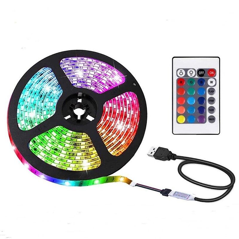2m 6.6ft RGB Strip Lights 60 LEDs 5050 SMD 24Keys Remote Controller RGB White Christmas New Year Backlight Waterproof USB Powered Decorative2