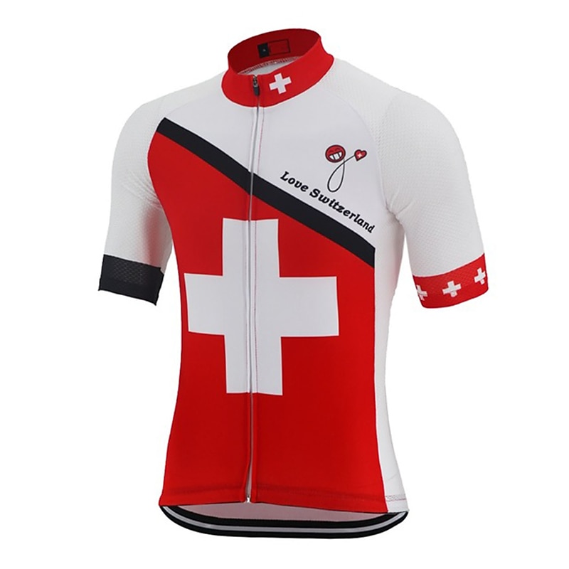 Men's Cycling Jersey Patterned Switzerland Denmark Short Sleeve Bike Jersey Top with 3 Rear Pockets Mountain Bike MTB Road Bike Cycling UV Resistant Quick Dry Reflective Strips Back Pocket Sports Red2