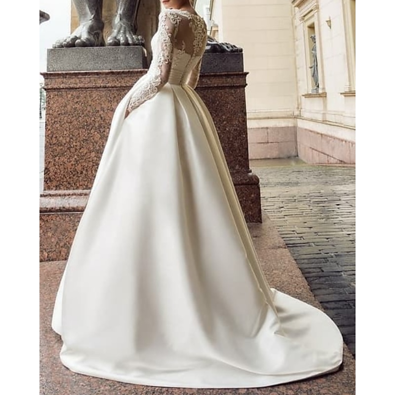 Engagement Vintage Formal Wedding Dresses Ball Gown Illusion Neck Long Sleeve Court Train Satin Bridal Gowns With Appliques Pocket2