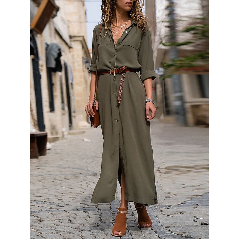 Women's Shirt Dress Maxi long Dress Black Army Green Navy Blue Long Sleeve Solid Color Button Spring Summer Shirt Collar Stylish Work Formal