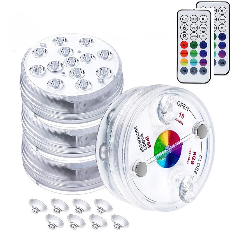 Underwater Submersible LED Pool Pond Lights 1/2/4 Packs with Remote RF Waterproof with Magnets Suction Cups Color Changing Fountain Lights Battery Operated2