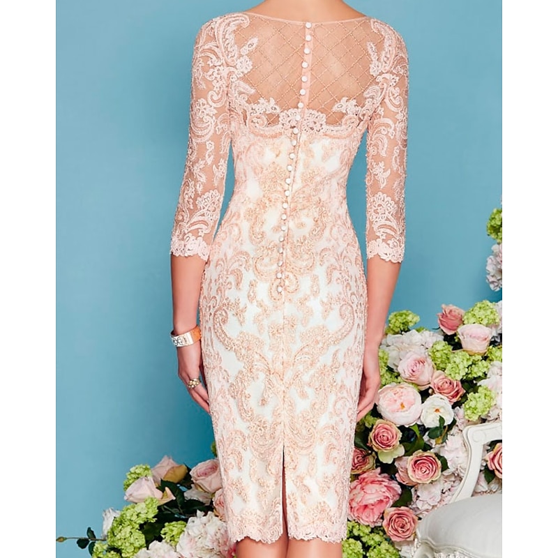 Two Piece Sheath Beach Wedding Mother of the Bride Dress Wedding Guest Elegant Jewel Neck Knee Length Chiffon Lace 3/4 Length Sleeve Wrap Included Jacket Dresses with Beading Appliques2