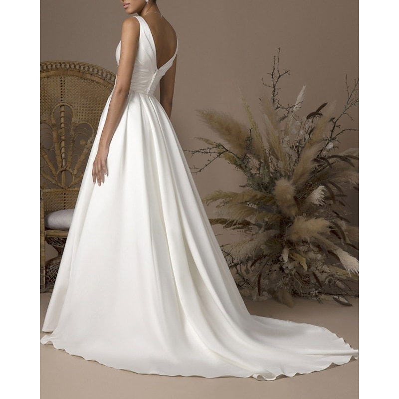 Hall Casual Wedding Dresses A-Line V Neck Sleeveless Sweep / Brush Train Satin Bridal Gowns With Pleats2