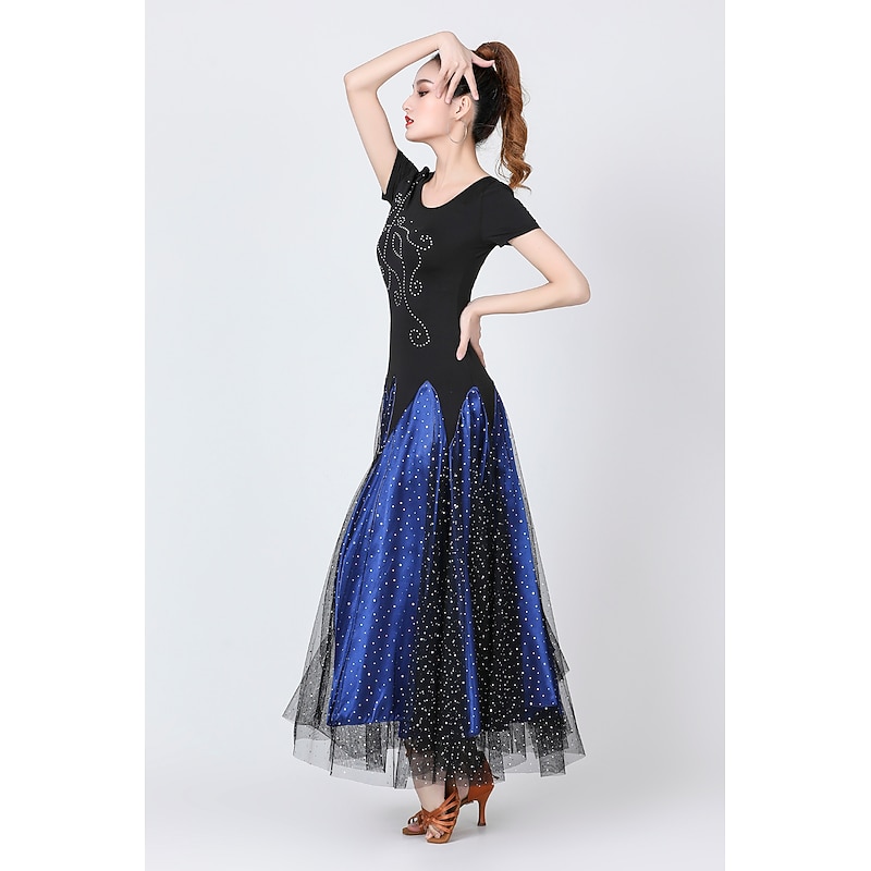 Ballroom Dance Dress Glitter Paillette Women's Training Performance Short Sleeve Natural Satin Milk Fiber4