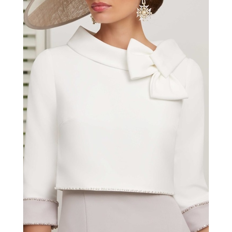 Two Piece Mother of the Bride Dress Wedding Guest Church Elegant Jewel Neck Ankle Length Stretch Satin 3/4 Length Sleeve Short Jacket Skirts with Bow(s) Race Day Dress2