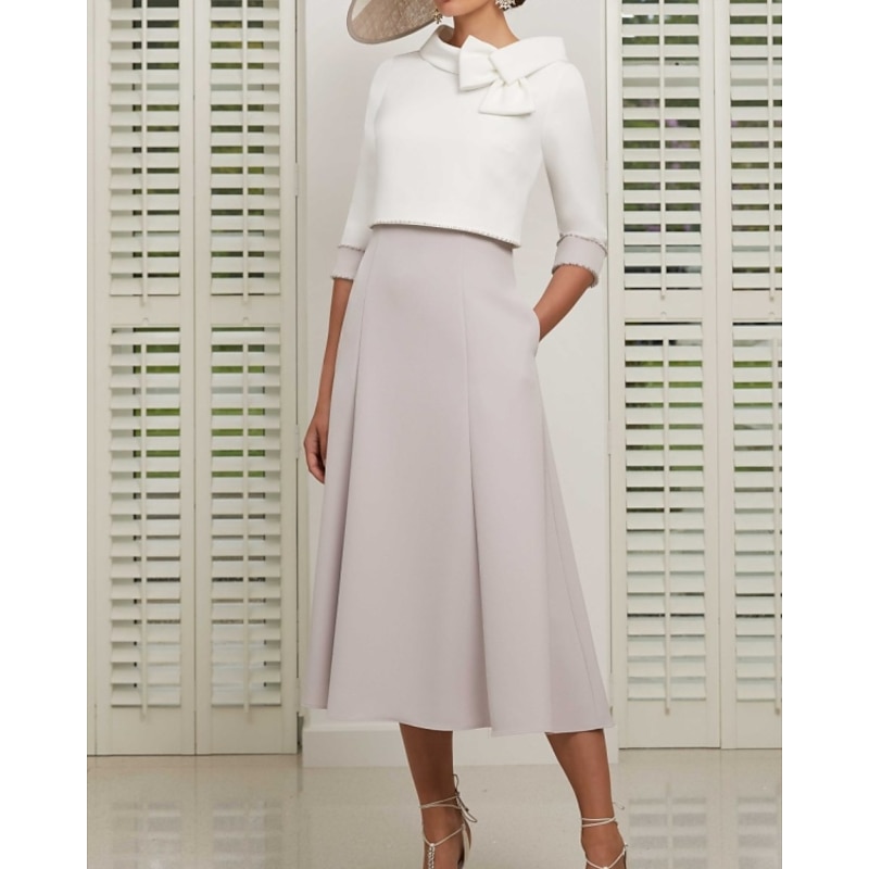 Two Piece Mother of the Bride Dress Wedding Guest Church Elegant Jewel Neck Ankle Length Stretch Satin 3/4 Length Sleeve Short Jacket Skirts with Bow(s) Race Day Dress