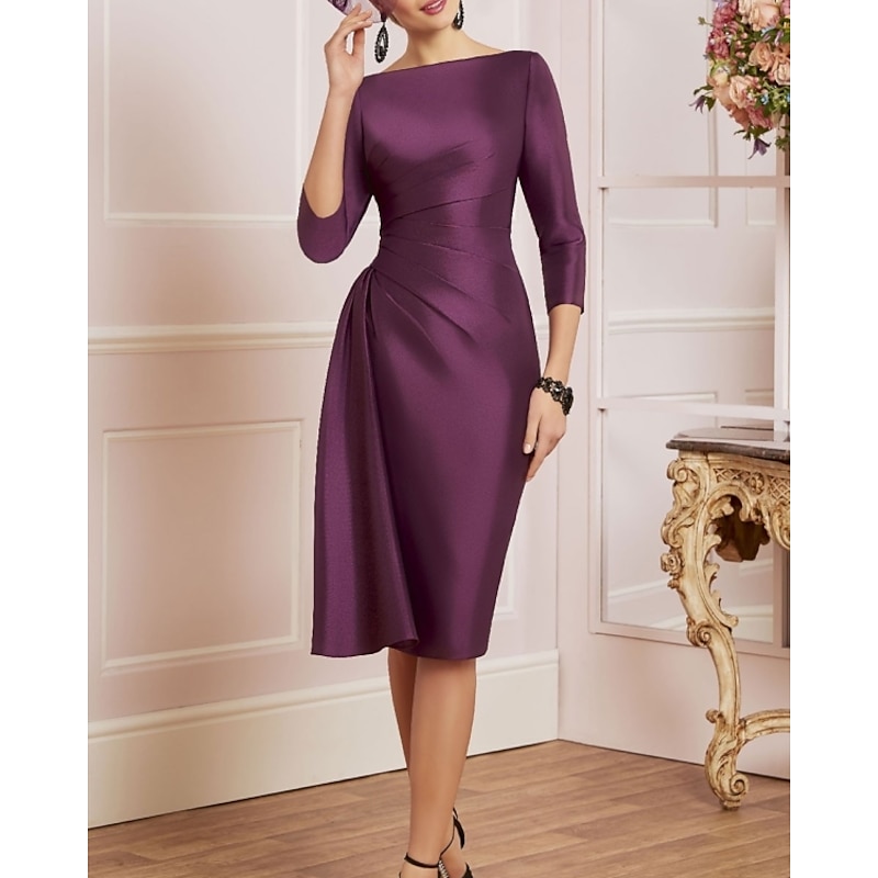 Sheath Mother of the Bride Dress Wedding Guest Elegant Off Shoulder Knee Length Satin 3/4 Length Sleeve with Ruching