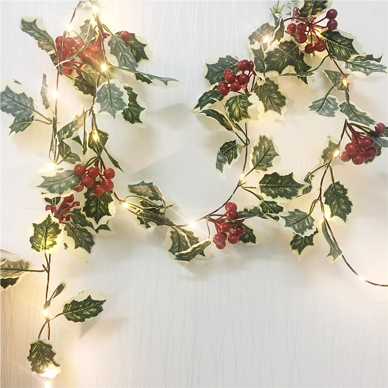 2M 20LEDs Red Berry String Lights Garland Handmade LED Ivy Leaf Copper Lights for Christsmas Gift Holiday Tree Home Decoration Lighting(without Battery)2