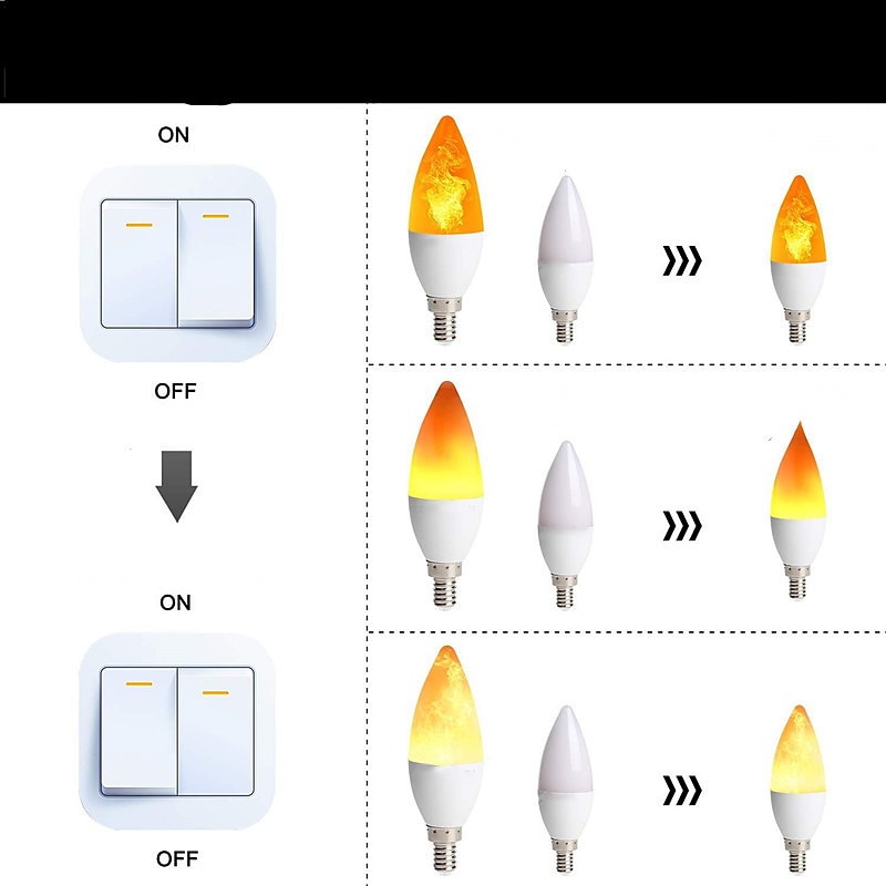 4pcs LED Fire Flame Light Bulb E12 C35 3W Warm White LED Chandelier Bulbs Flameless Flickering for Events Festival Christmas Holiday Decoration 3 Modes2