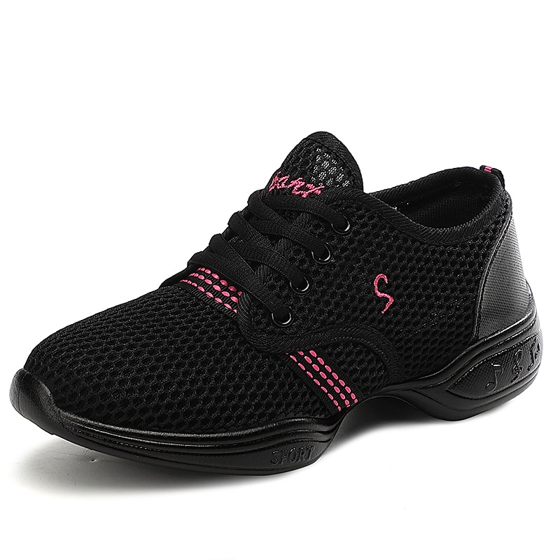 Women's Black Mesh Dance Sneakers - Lightweight Lace-Up Shoes with Pink Accents and Cushioned Soles for Jazz, Fitness, and Zumba Workouts