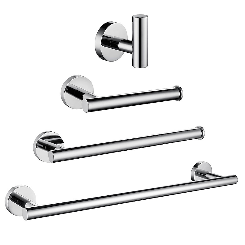 Multifunction Bathroom Accessory Set Mirror Polished Robe Hook and Bathroom Single Rod Stainless Steel Wall Mounted Silvery 4pcs
