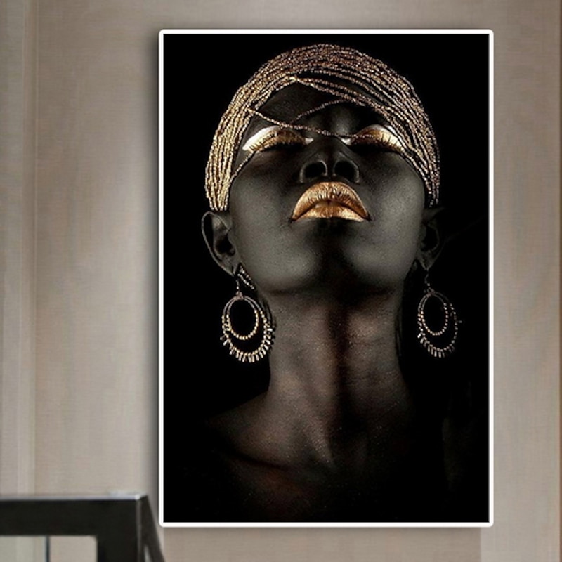 Wall Art Canvas Prints Posters Painting Artwork Picture African American Gold Earrings Necklace Black Pretty Girl Home Decoration Décor Rolled Canvas No Frame Unframed Unstretched